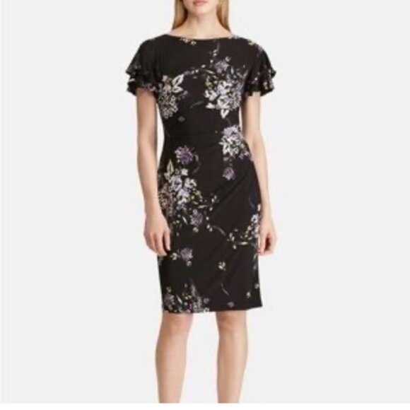 Lauren Ralph Lauren Black and White Sheath Dress with Flutter Cap - Picture 1 of 6